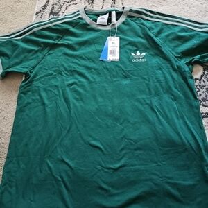 adidas Green Short Sleeve Trefoil Tee with Light Gray Stripes XL New